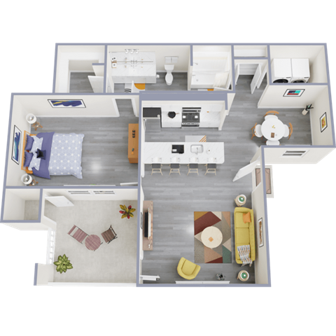 a 3d rendering of a 1 bedroom floor plan with a bathroom and a kitchen